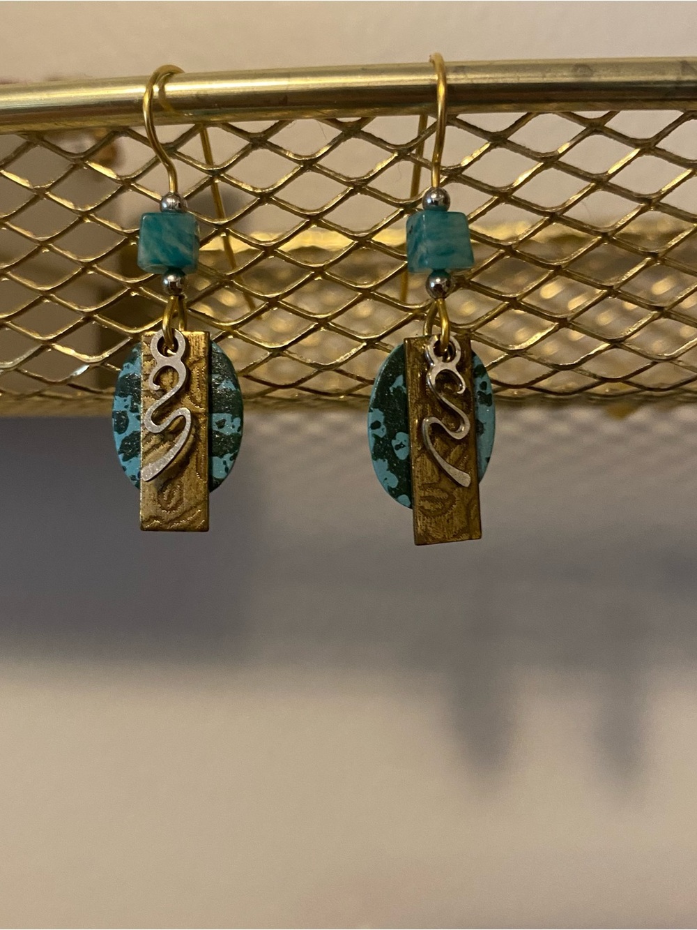 Silver Forest Teal and Antique Brass Mixed-Metal Dangle Earrings